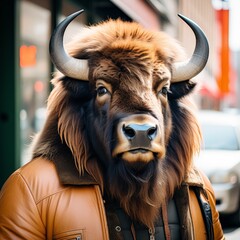 Sticker - portrait of a bull in city.