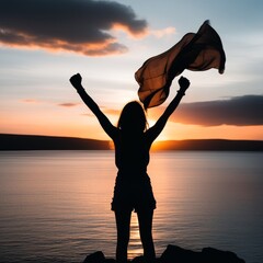 Poster - silhouette of a woman in sunset on the beach