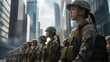 Amidst towering skyscrapers, a platoon of female army recruits stands in formation in a modern urban setting, highlighting the intersection of military service with contemporary so