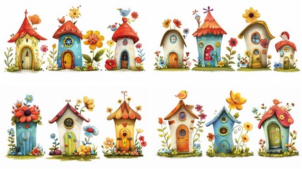 Wall Mural - cute fairytale cartoon house clipart isolated on white background, quirky house in flower garden , Generative Ai