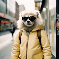 Wall Mural - a dog wearing fur hat and sunglasses