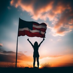 Sticker - female with usa flag at sunset