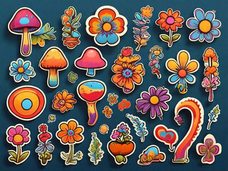 Groovy hippie 70s set Funny cartoon flower rainbow peace Love heart daisy mushroom etc Sticker pack in trendy retro psychedelic cartoon style Isolated vector illustration Flower power