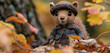   A mouse stuffed animal, donned in a hat and plaid coat, holds a pipe amidst an amassed pile of autumn leaves