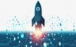 © melhak - Rocket launching with binary code trail, isolated on white background - Tech startups business growth illustration.