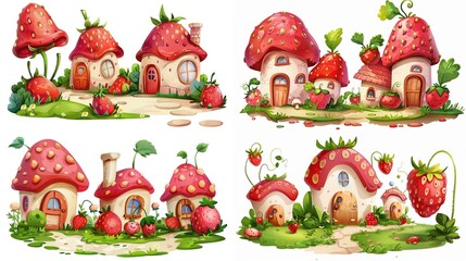 Wall Mural - cute fairytale cartoon house clipart isolated on white background, strawberry house,  generative Ai