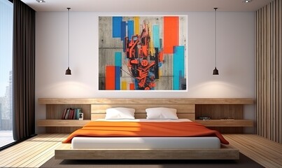 Wall Mural - Modern bedroom interior with a large colorful painting above the bed
