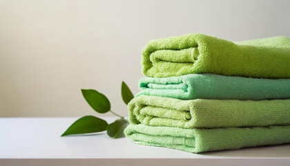 Stack of folded green towels on table, light wall on background. Home laundry. Housekeeping concept