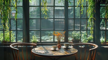   A table, seated with two chairs, features a vase adorned with flowers before a window The window frames various potted plants