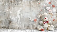   A  Bear With A Bow Sits In Front Of A Heart-adorned Wall, Donning A Red Bowtie