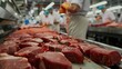 Closeup workers cutting fresh raw meat at food industry. AI generated image