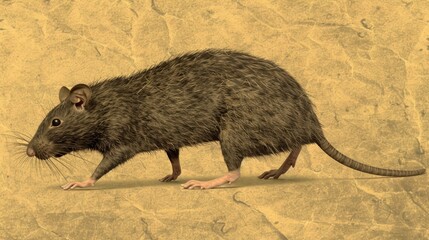 Wall Mural -   A rat drawing walks on a yellow backdrop A black rat figure is situated to its left