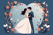 A cartoon image of a bride and groom is shown. The bride is wearing a white dress and the groom is wearing a black tuxedo. They are standing in front of a large heart made of flowers.