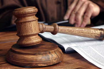 judge gavel and books, Enter the courtroom with this captivating visual featuring a close-up view of a wooden gavel and judge working