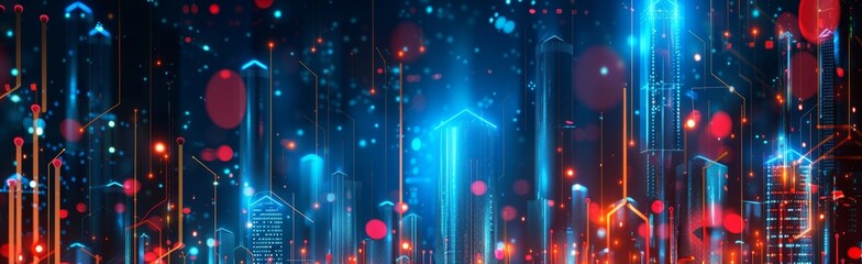 Poster - blue background with red and blue glowing lines, cyberpunk style, data technology concept ark color 