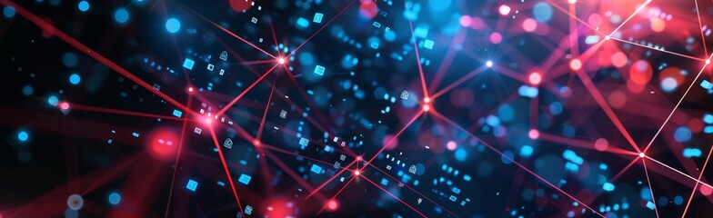 Poster - abstract technology background with blue and red color digital data connections on dark backdrop for