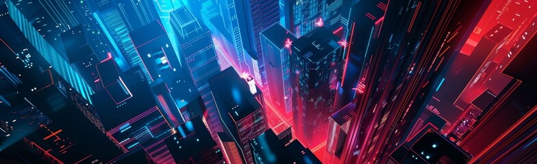 Poster - abstract technology background with blue and red color illustration of futuristic cityscape pattern 
