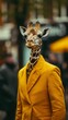 Graceful giraffe strolls through city streets in tailored splendor, epitomizing street style. The realistic urban setting captures the long-necked charm seamlessly merged with contemporary fashion all