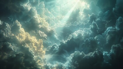 Wall Mural - Soft sunlight filters through the clouds, creating delicate shadows and highlighting their ethereal forms. 