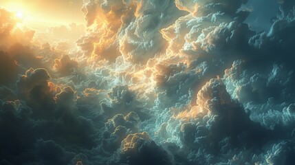 Wall Mural - Soft sunlight filters through the clouds, creating delicate shadows and highlighting their ethereal forms. 