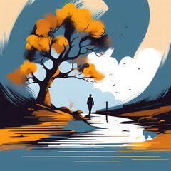 Canvas Print - vector illustration, a man with backpack walking in the forest at sunrise