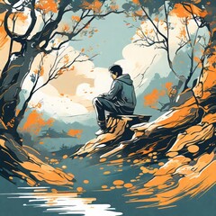 Wall Mural - vector illustration of a young guy sits in the forest and looks at river