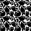 Seamless pattern with cute black cats. Vector graphics.