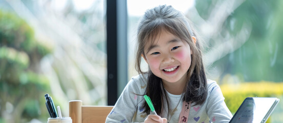 A young Asian girl is sitting at a table, smiling and writing in her notebook with a green pencil. Asian girl student sits and writes note in the classroom, Education in schools in the, kindergarten.