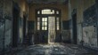 An eerie photograph captures the abandoned asylum's open doors beckoning exploration into madness and historical horror.