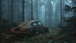 Abandoned car in a dense forest at dusk, eerie photograph capturing the mystery of sudden disappearance and isolation.