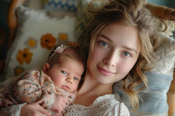 An older girl with beautiful blue eyes smiles as she cradles her newborn sister lovingly