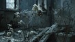 A haunting portrayal of neglect and desolation captured in a close-up shot of a wilted plant in a dim, forsaken office.