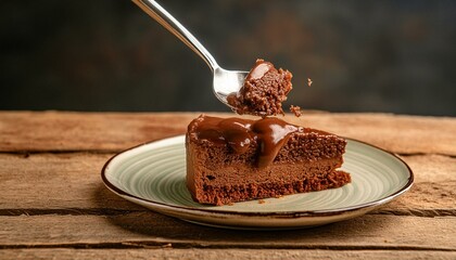 Wall Mural - A slice of chocolate cake on a dessert plate. Fork in the composition. Wooden table.
