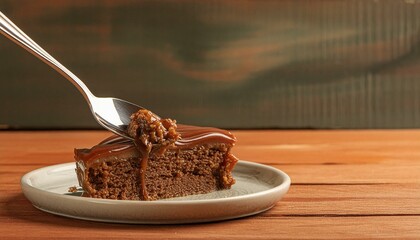 Wall Mural - A slice of chocolate cake on a dessert plate. Fork in the composition. Wooden table.
