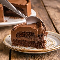 Wall Mural - A slice of chocolate cake on a dessert plate. Fork in the composition. Wooden table.
