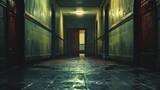 Fototapeta  - Dimly lit corridor with doors slightly ajar, photograph capturing the fear of the unknown in institutional horror settings.
