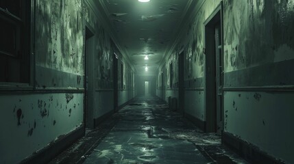 gloomy corridor with flickering lights, photography of an abandoned asylum, eerie atmosphere, ideal 