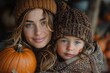 A mother hugs her daughter close at a pumpkin farm, both with matching hats
