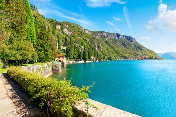 Wall Mural - The coastline of the picturesque and colorful village of Varenna, Italy, on the shores of Lake Como in the Lombardy Lake District of Northern Italy.