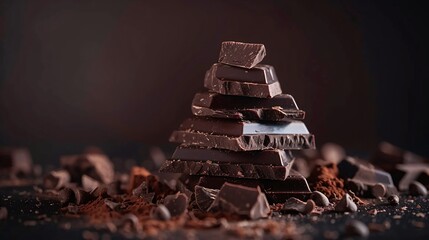 Wall Mural - Pyramid of tasty chocolate pieces on a dark background