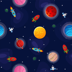 Poster - Space cartoon seamless pattern.  Cute design for