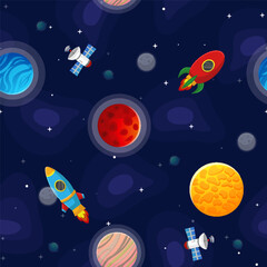 Poster - Space cartoon seamless pattern.  Cute design for