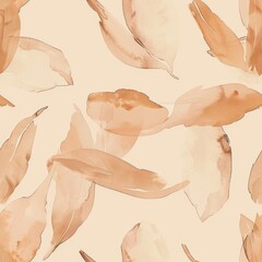 Wall Mural - Autumnal Hues: Watercolor Feather Patterns on Warm Peach Background