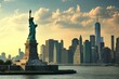 The beautiful  New York skyline featuring the Statue of Liberty, Ai generated