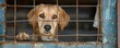 © *Lara* - Portrait of the petting sad dog behind the bars of the cage.