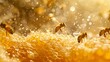 Honey bees on honeycomb in golden light. Close-up bee photography with bokeh effect.