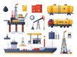Oil gas industry. Vector set of oil well and rig, extraction production and transportation oil, fuel and petrol in tankers, ships, railways. Barrels,oil pump tower,derrick drilling, water rig platform