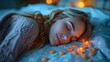 Woman peacefully sleeping in bed with melatonin tablets nearby in dark room. Concept Sleeping, Rest, Melatonin, Health, Dark Room