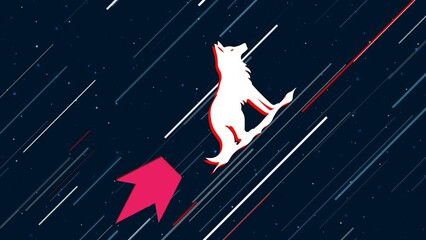 Poster - Wild wolf symbol flies through the universe on a jet propulsion. The symbol in the center is shaking due to high speed. Seamless looped 4k animation on dark blue background with stars