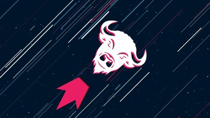 Poster - Buffalo logo flies through the universe on a jet propulsion. The symbol in the center is shaking due to high speed. Seamless looped 4k animation on dark blue background with stars